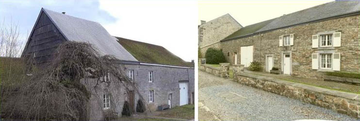 Maisons typique du village, ancienne fermette familliale,
on distingue une entrée pour les personns, une entrée
vers les étables et une entrée vers la grange. Au 19e
siècle les façades en colombage seront recouverte d'un
mur en pierre.
(Photo JCZ) Maisons typiques du village.